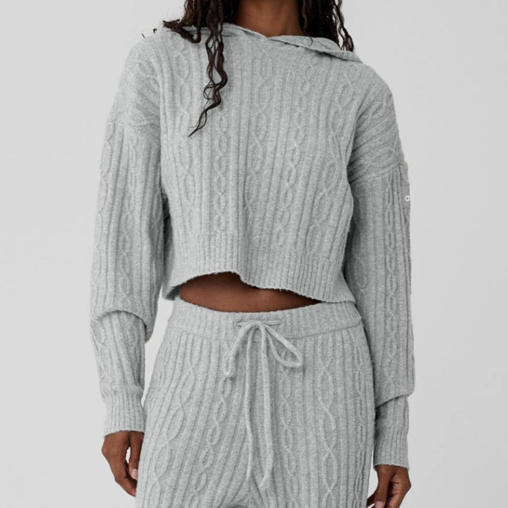 ALO Yoga - Cable Knit Winter Bliss Hoodie (Athletic Heather Grey, Size M)